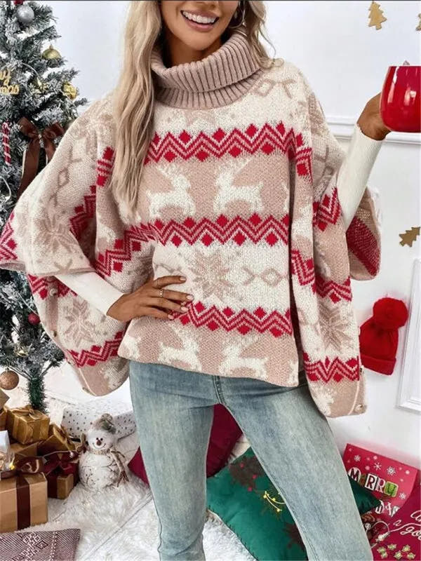 Emmeline | Women's Turtleneck Reindeer Print Poncho Sweater