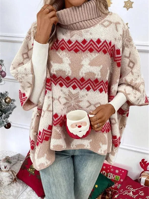 Emmeline | Women's Turtleneck Reindeer Print Poncho Sweater
