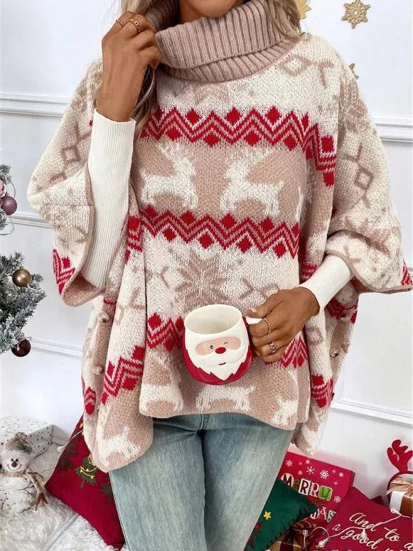 Emmeline | Women's Turtleneck Reindeer Print Poncho Sweater
