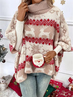Emmeline | Women's Turtleneck Reindeer Print Poncho Sweater