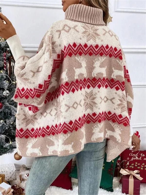 Emmeline | Women's Turtleneck Reindeer Print Poncho Sweater