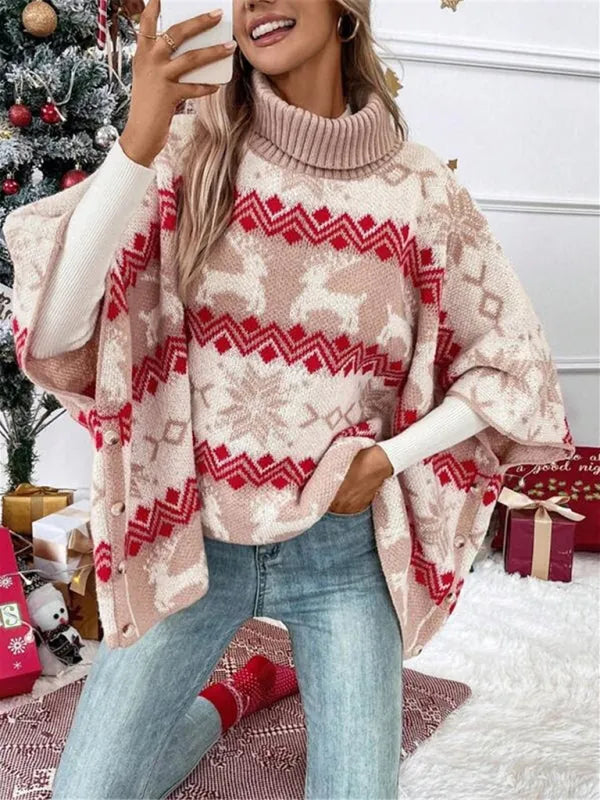 Emmeline | Women's Turtleneck Reindeer Print Poncho Sweater
