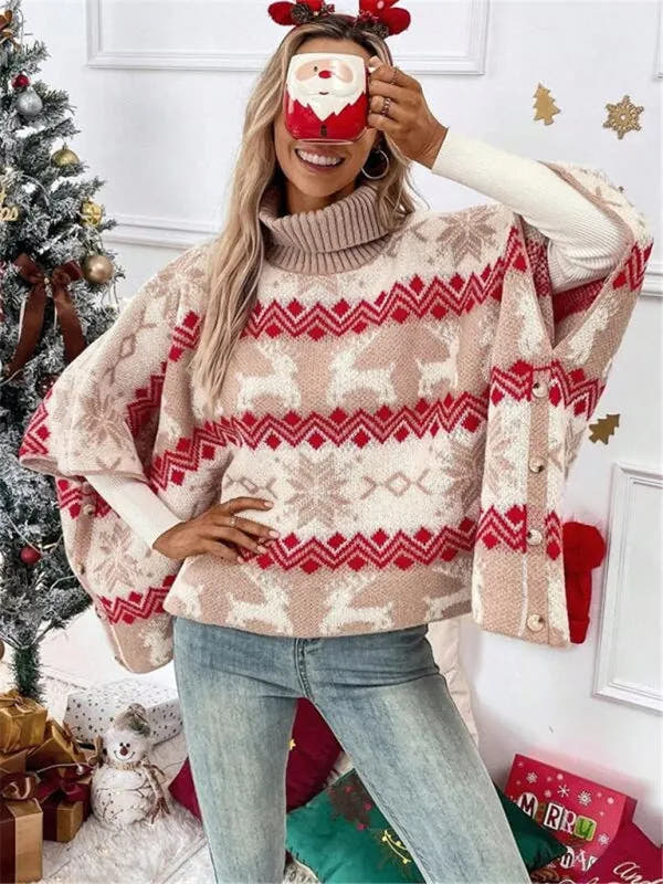 Emmeline | Women's Turtleneck Reindeer Print Poncho Sweater