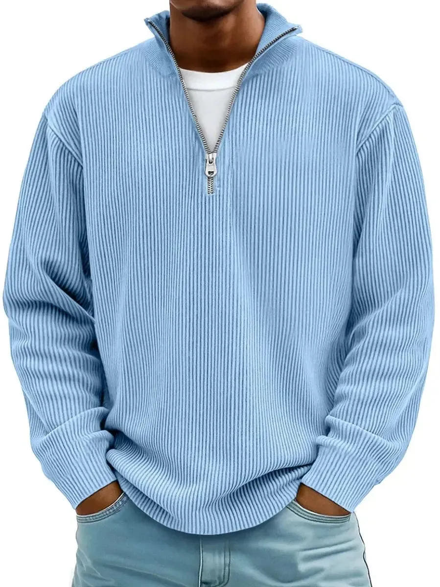 Fine Ribbed Knit Quarter-Zip Pullover for Men