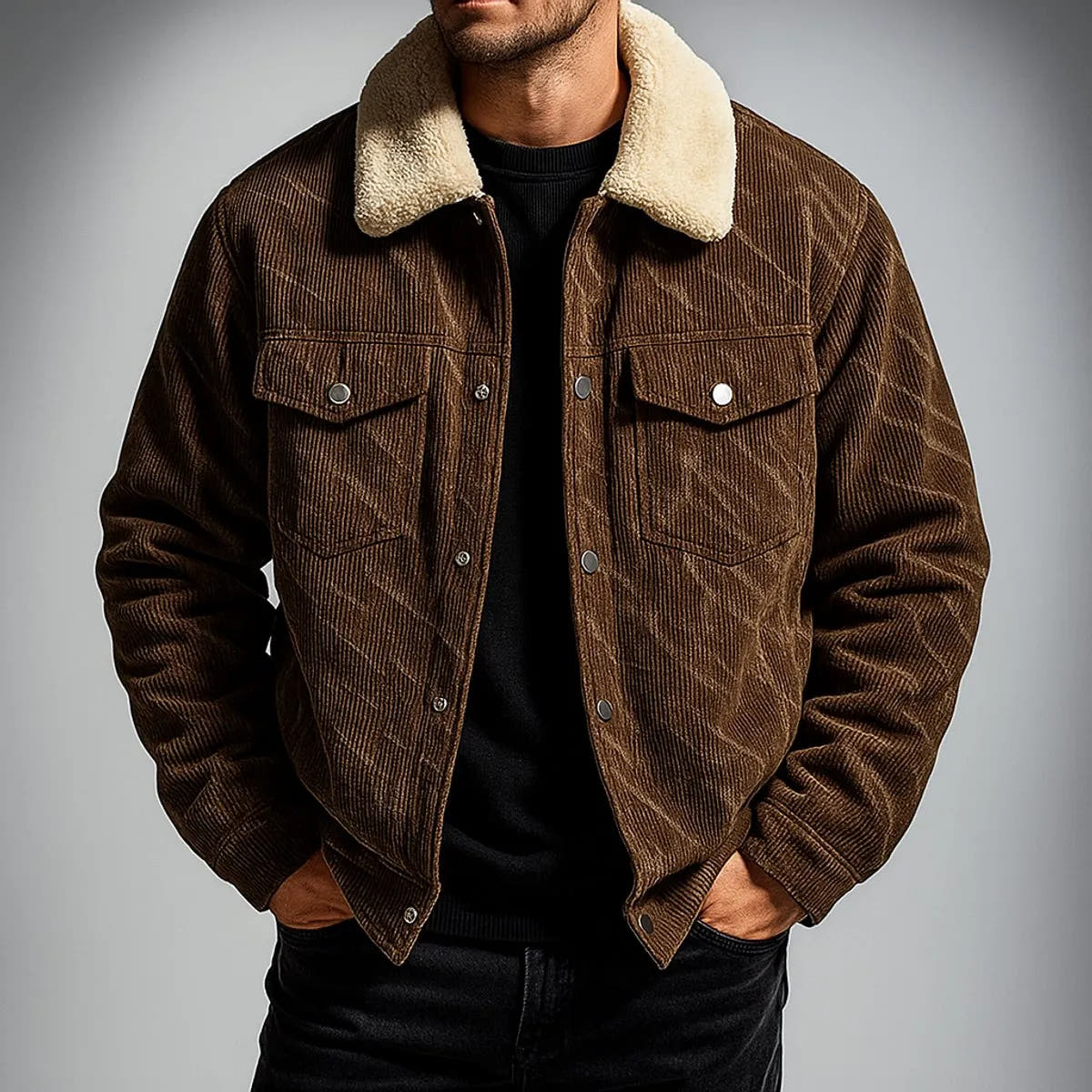 Fleece-Lined Sherpa-Collar Corduroy Bomber Jacket for Men