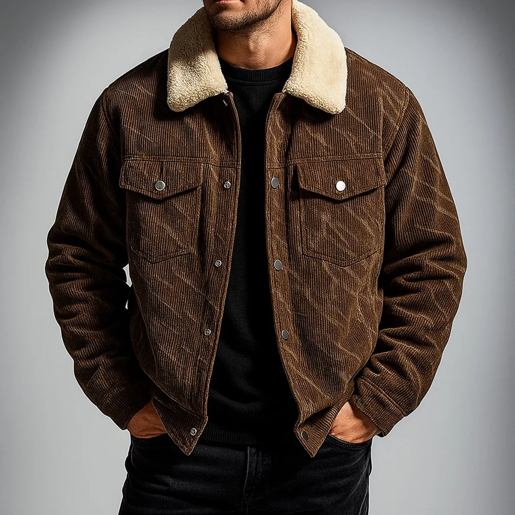 Fleece-Lined Sherpa-Collar Corduroy Bomber Jacket for Men