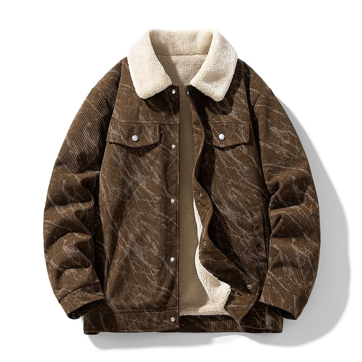 Fleece-Lined Sherpa-Collar Corduroy Bomber Jacket for Men