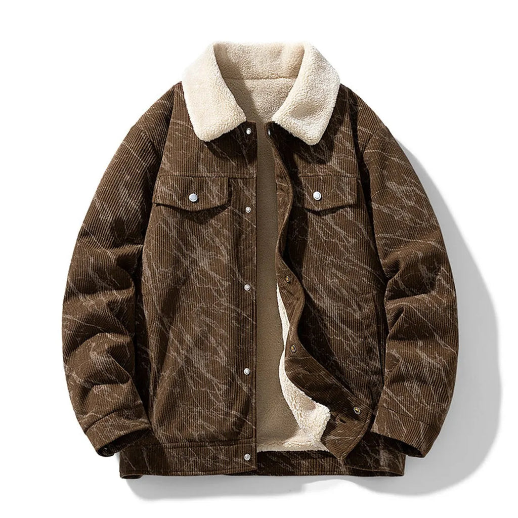Fleece-Lined Sherpa-Collar Corduroy Bomber Jacket for Men