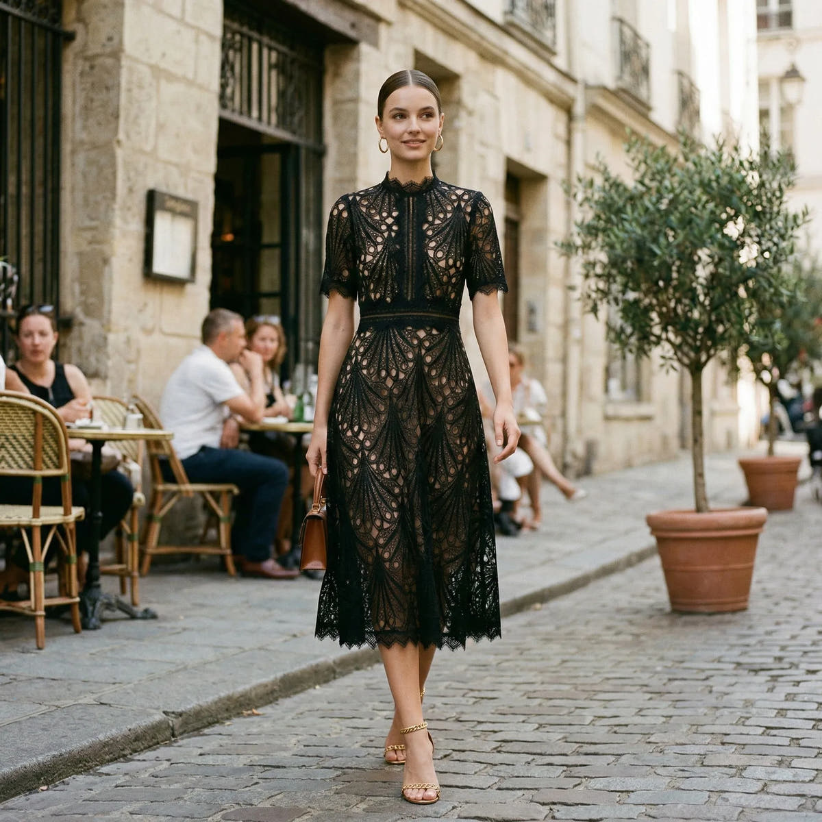 Flora | Women's Lace-Trim Wedding Guest Midi Dress