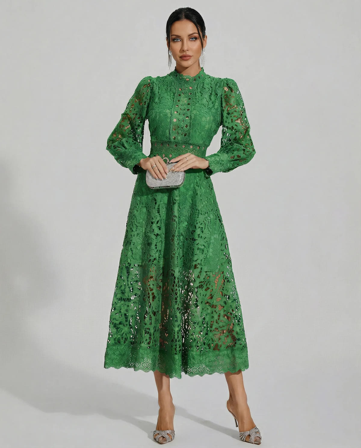 Frances | Women's Lace Long-Sleeve High-Neck Midi Dress