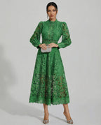Frances | Women's Lace Long-Sleeve High-Neck Midi Dress