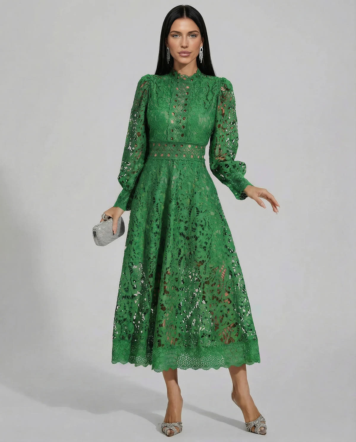 Frances | Women's Lace Long-Sleeve High-Neck Midi Dress