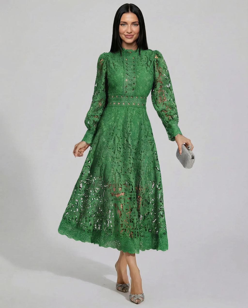 Frances | Women's Lace Long-Sleeve High-Neck Midi Dress