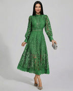 Frances | Women's Lace Long-Sleeve High-Neck Midi Dress