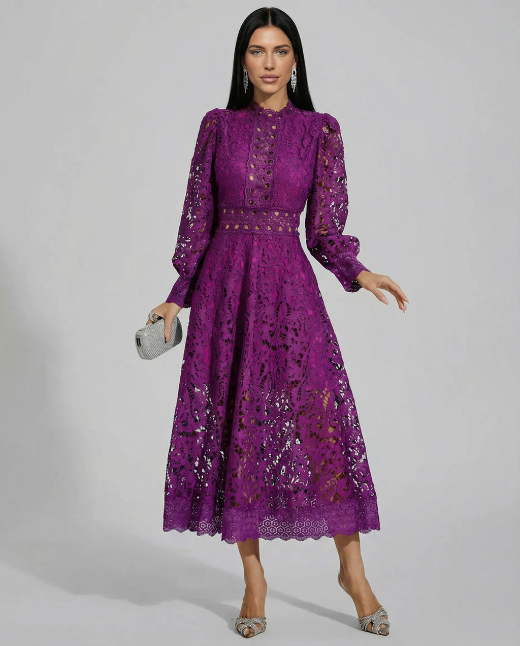 Frances | Women's Lace Long-Sleeve High-Neck Midi Dress