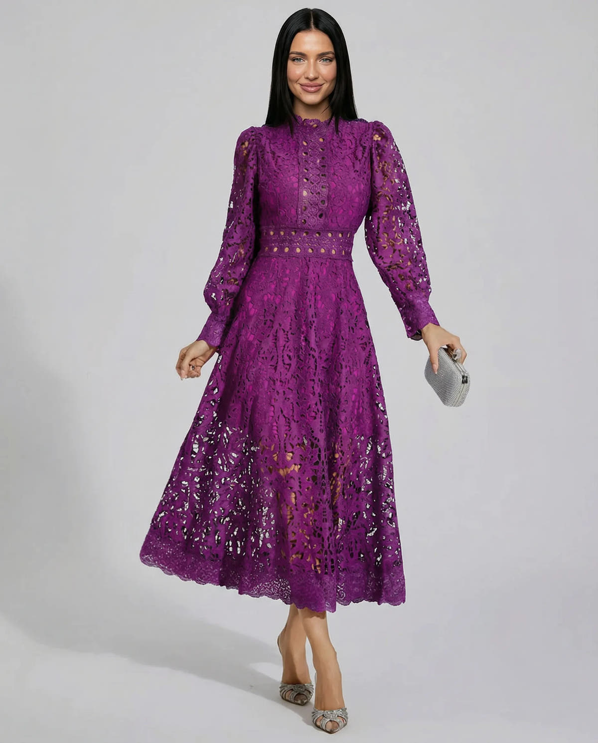 Frances | Women's Lace Long-Sleeve High-Neck Midi Dress
