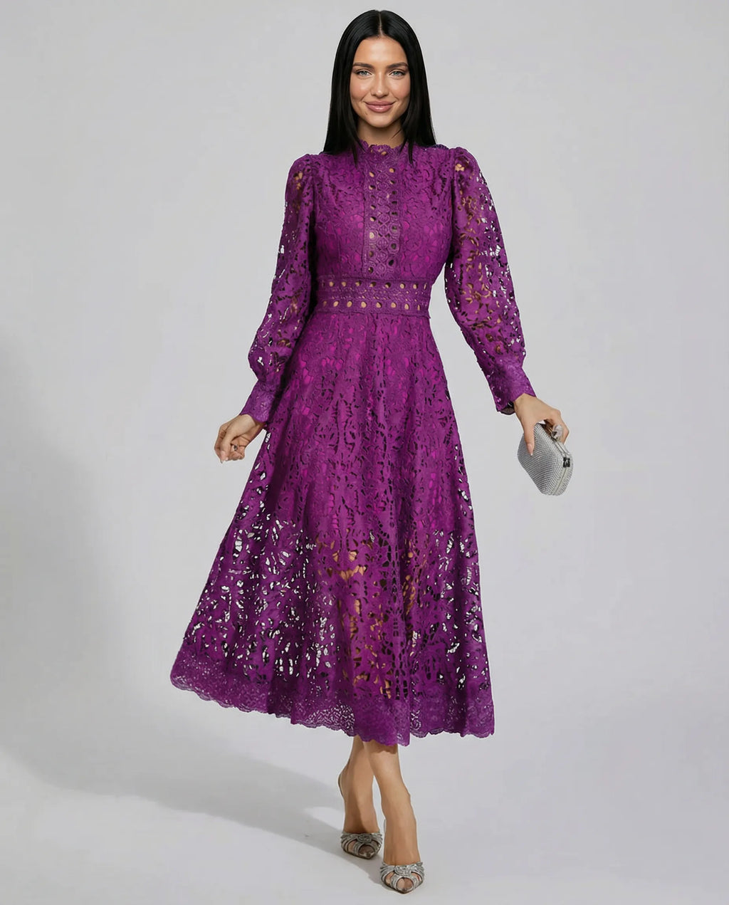 Frances | Women's Lace Long-Sleeve High-Neck Midi Dress