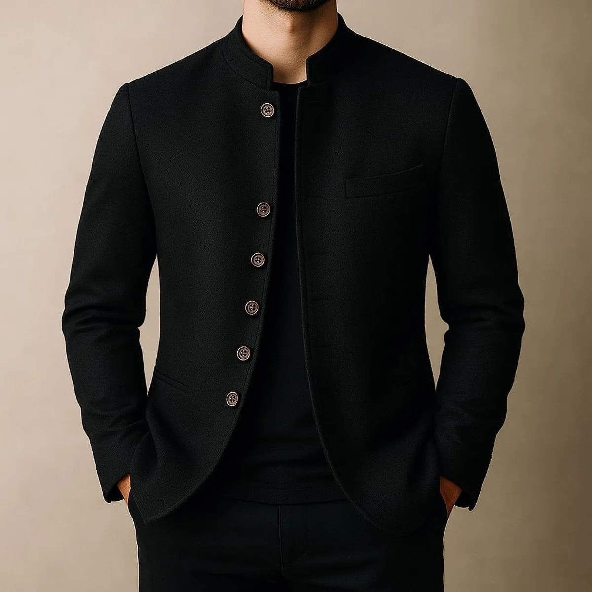 Fully Lined Textured Stand-Collar Tailored Jacket for Men