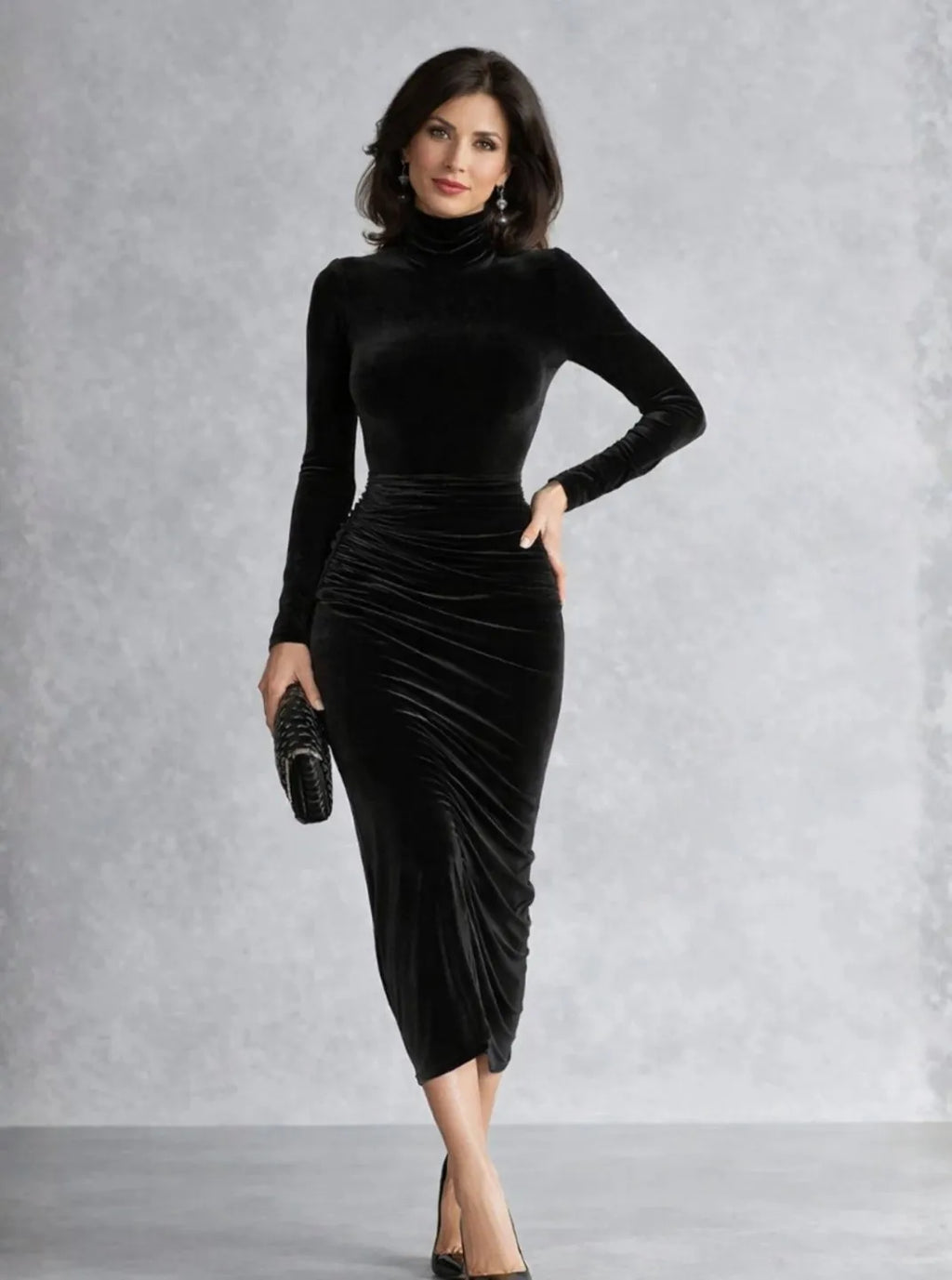 Grace | Women's Velvet Turtleneck Ruched Midi Dress
