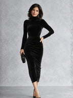 Grace | Women's Velvet Turtleneck Ruched Midi Dress