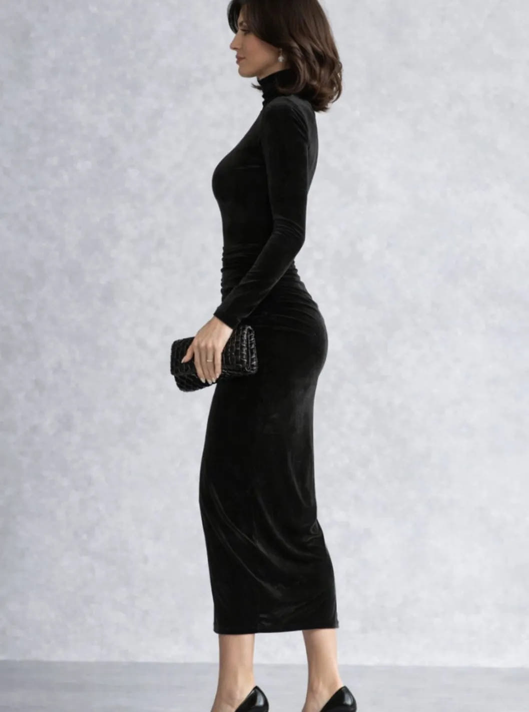 Grace | Women's Velvet Turtleneck Ruched Midi Dress