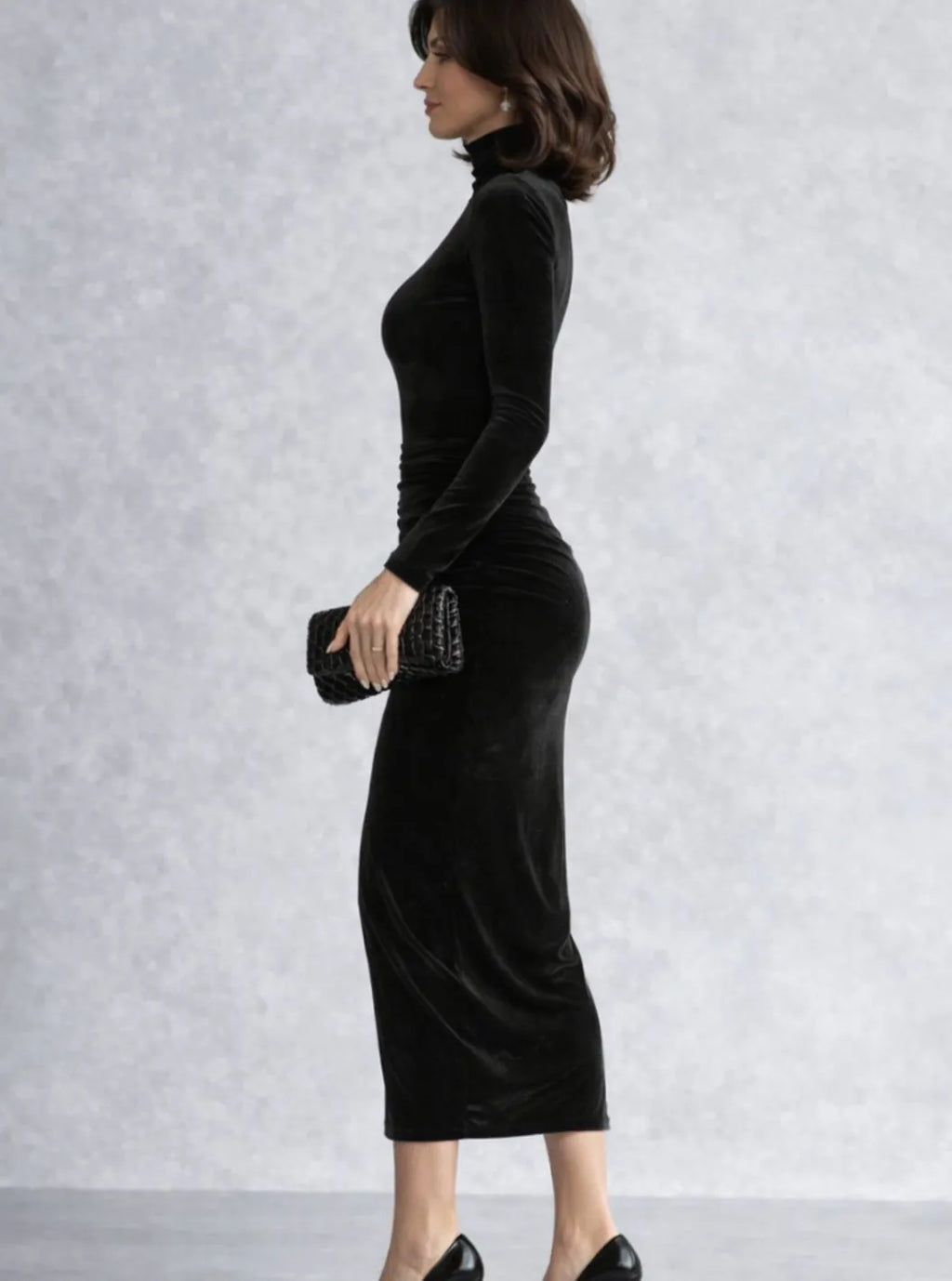 Grace | Women's Velvet Turtleneck Ruched Midi Dress