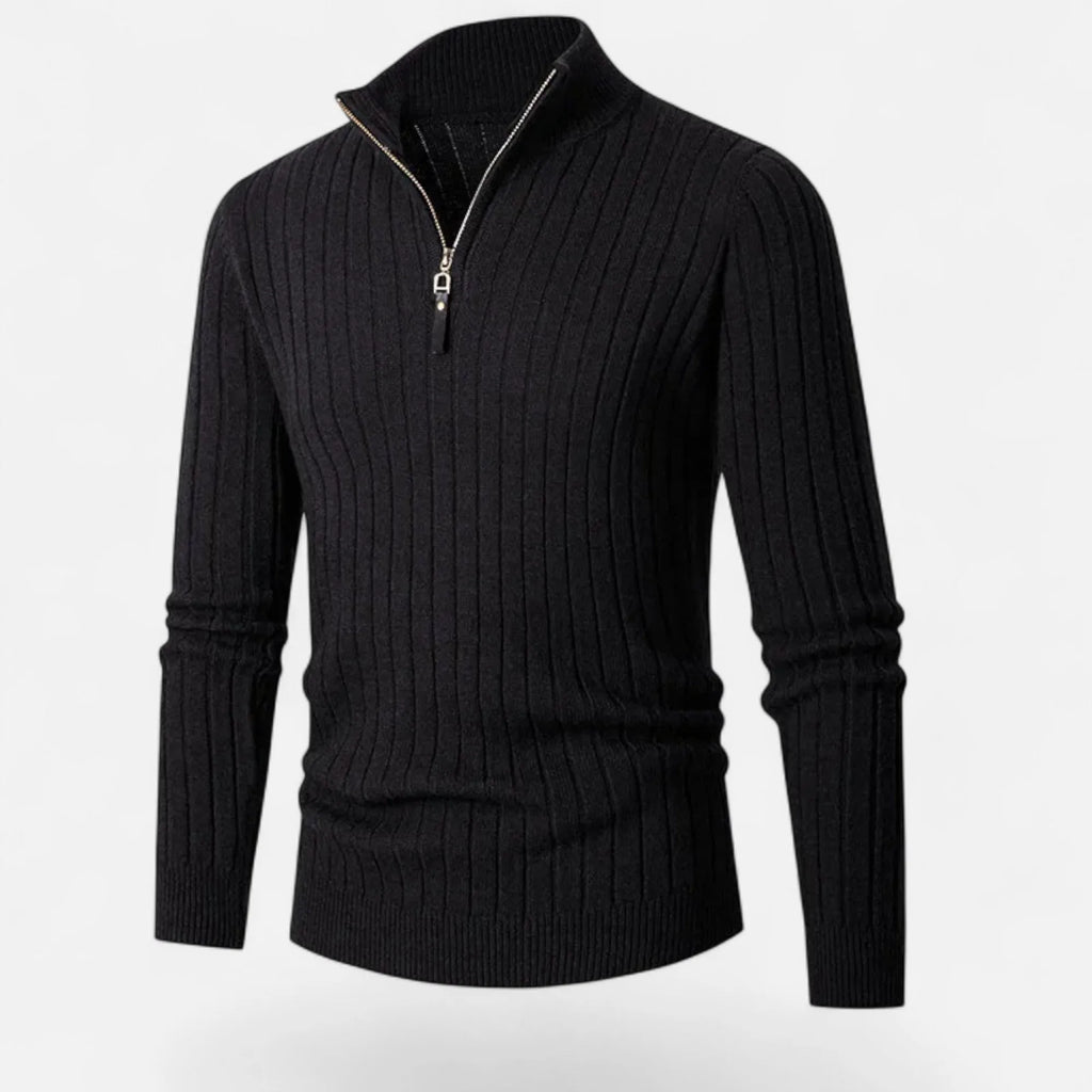 Half-Turtleneck Half-Zip Vertical-Bar Knit Sweater for Men