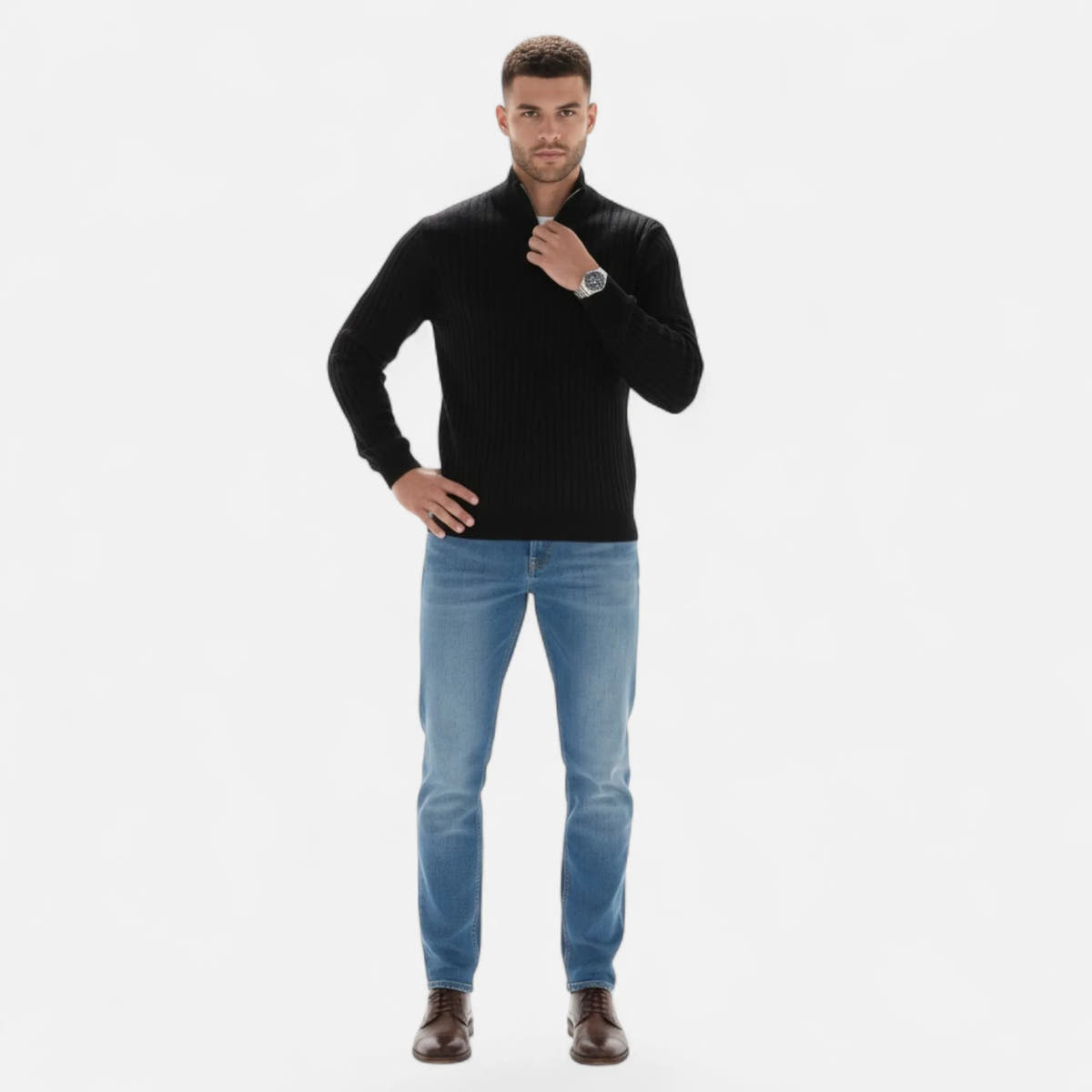 Half-Turtleneck Half-Zip Vertical-Bar Knit Sweater for Men