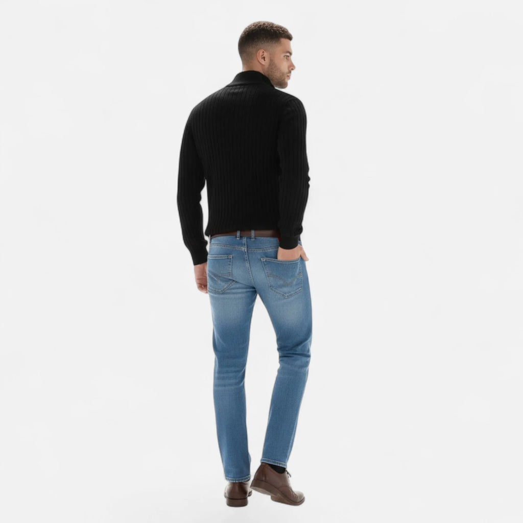 Half-Turtleneck Half-Zip Vertical-Bar Knit Sweater for Men