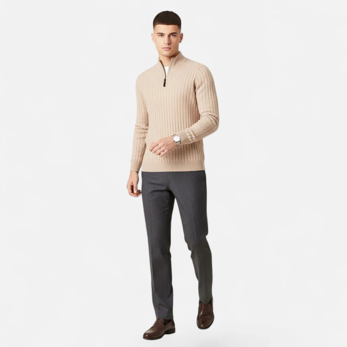 Half-Turtleneck Half-Zip Vertical-Bar Knit Sweater for Men