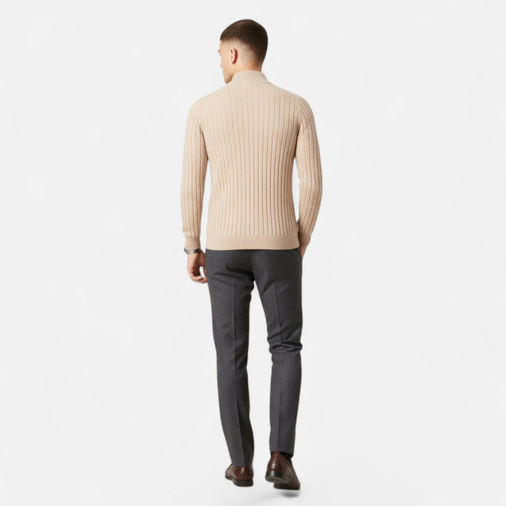 Half-Turtleneck Half-Zip Vertical-Bar Knit Sweater for Men