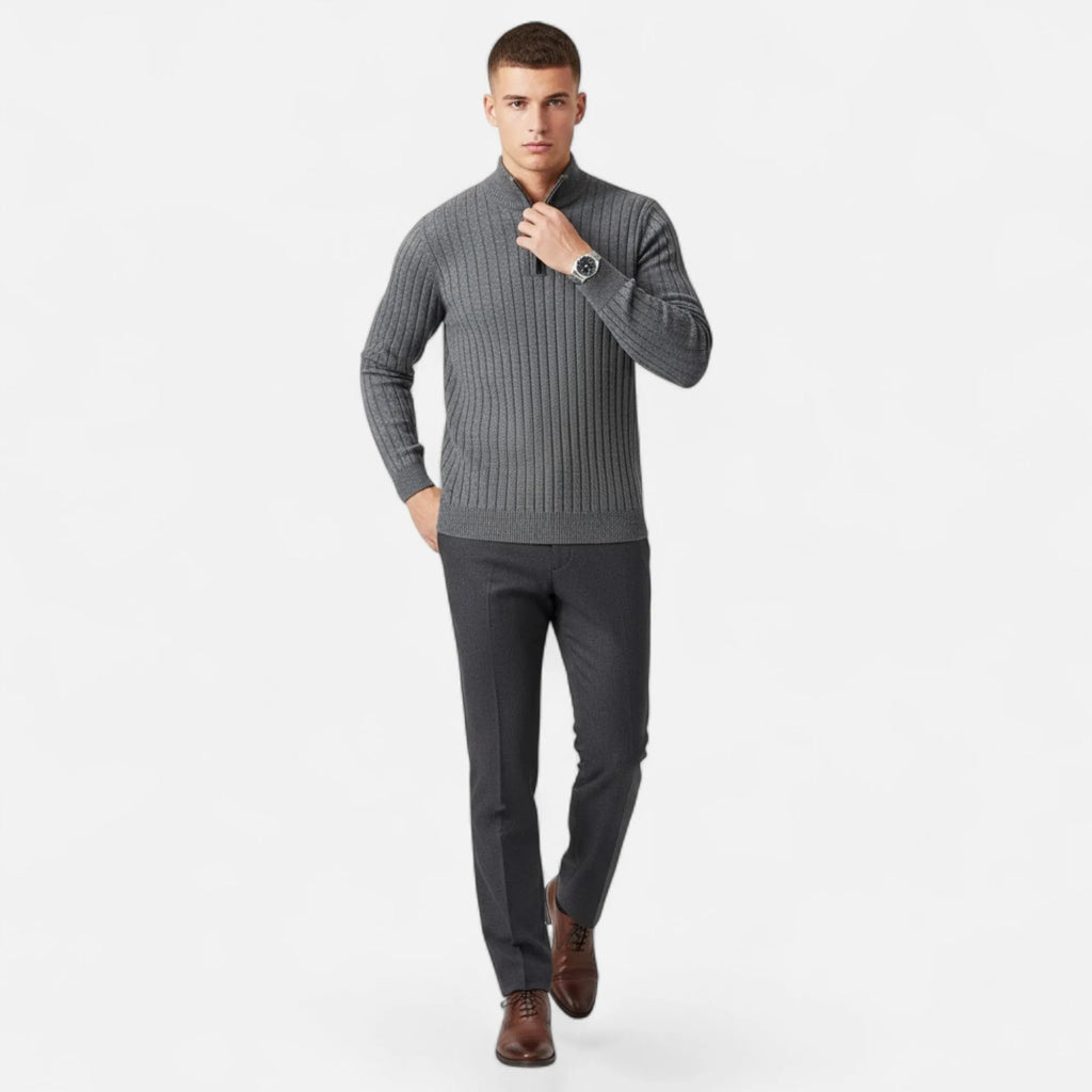 Half-Turtleneck Half-Zip Vertical-Bar Knit Sweater for Men