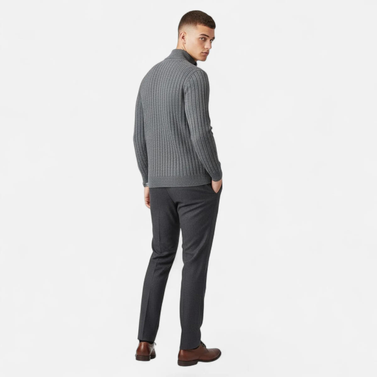 Half-Turtleneck Half-Zip Vertical-Bar Knit Sweater for Men