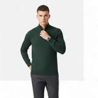 Half-Turtleneck Half-Zip Vertical-Bar Knit Sweater for Men