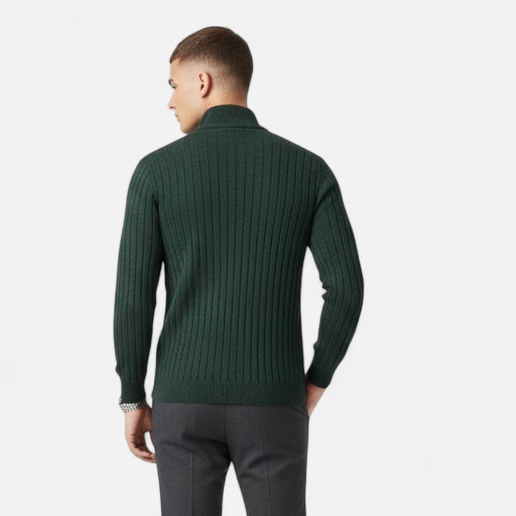 Half-Turtleneck Half-Zip Vertical-Bar Knit Sweater for Men