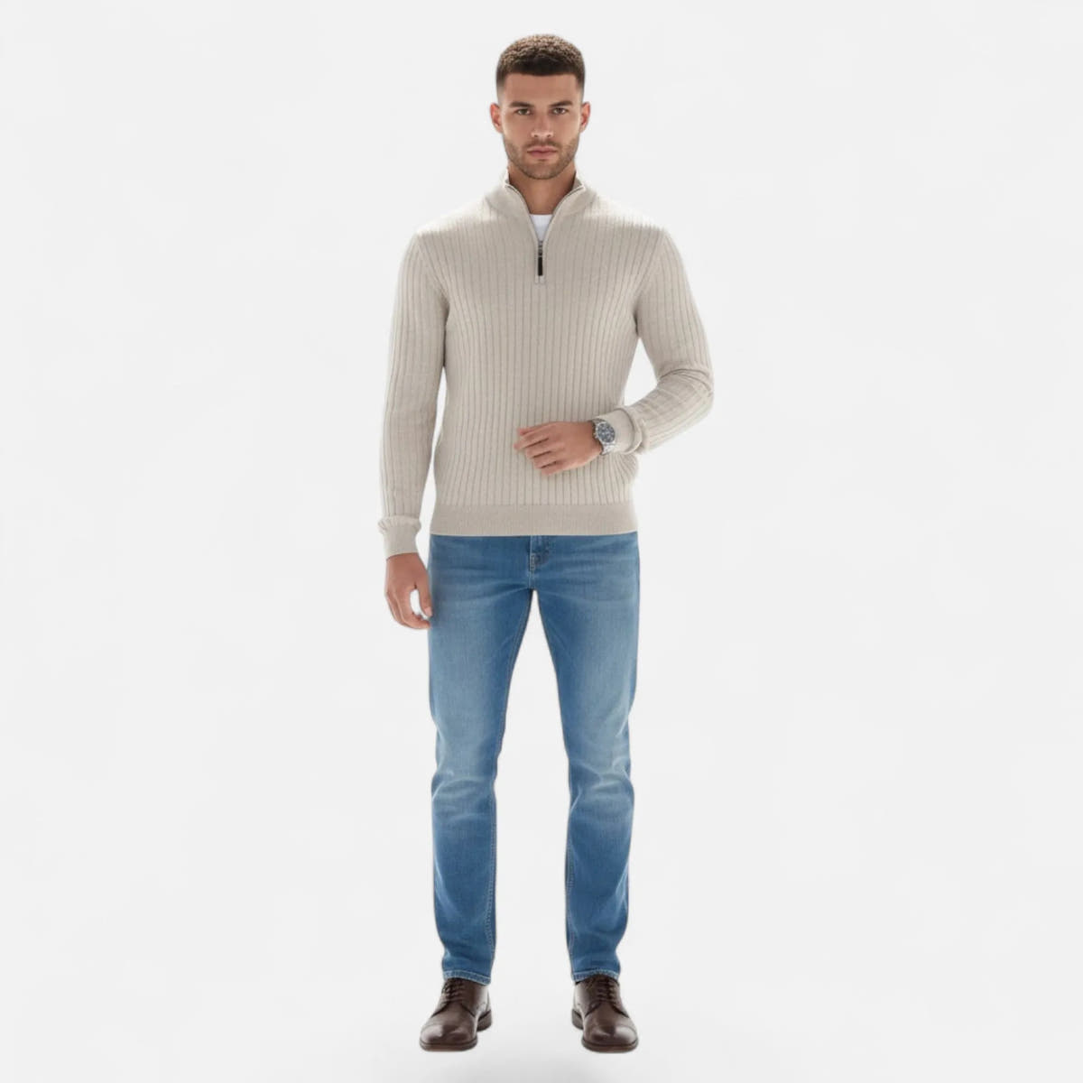 Half-Turtleneck Half-Zip Vertical-Bar Knit Sweater for Men