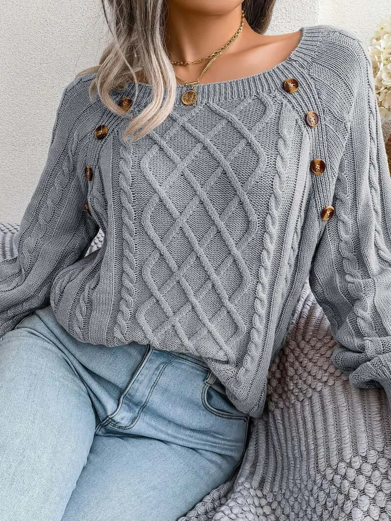 Heidi | Women's Square Neck Cable Knit Jumper with Button Detail