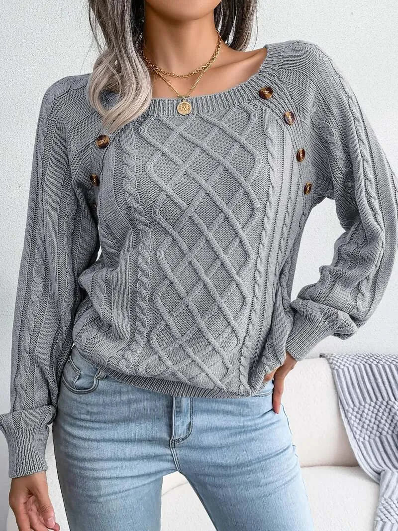 Heidi | Women's Square Neck Cable Knit Jumper with Button Detail