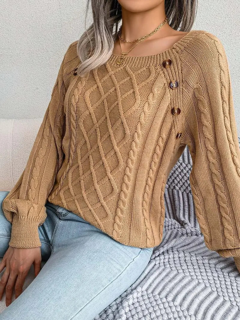 Heidi | Women's Square Neck Cable Knit Jumper with Button Detail