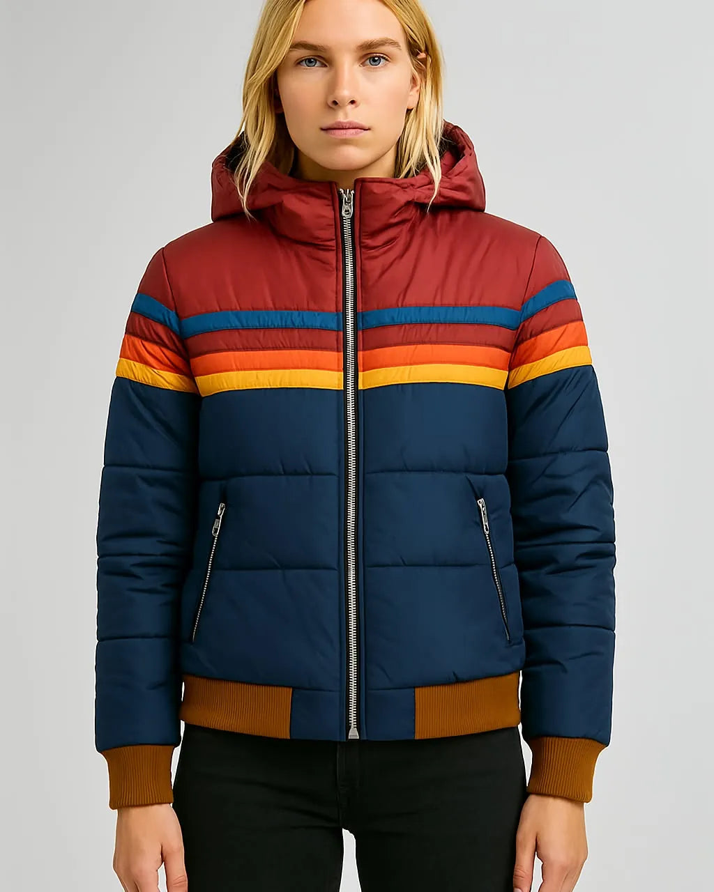 Jocelyn | Women's Striped Retro Puffer Jacket with Zip Pockets