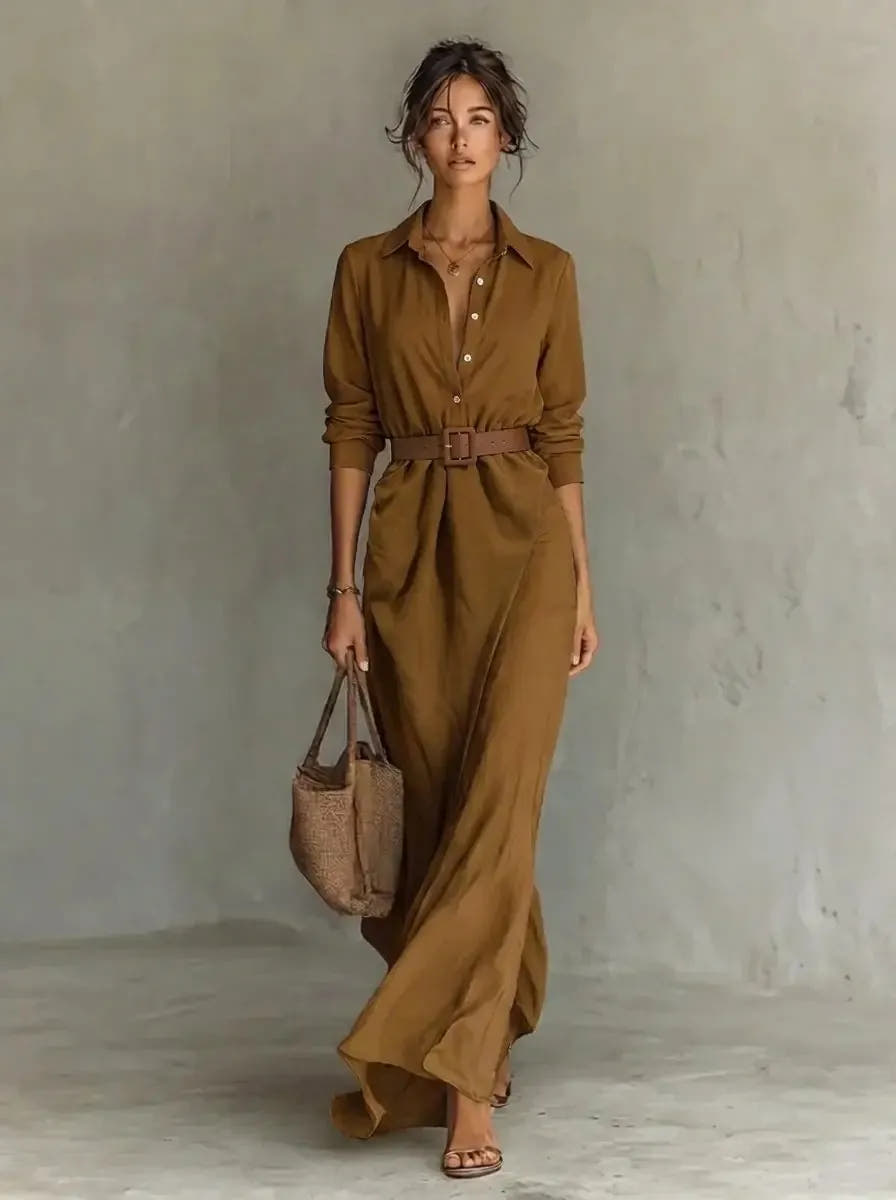 Kaia | Women's Belted Long Sleeve Maxi Shirt Dress