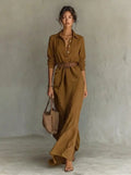 Kaia | Women's Belted Long Sleeve Maxi Shirt Dress