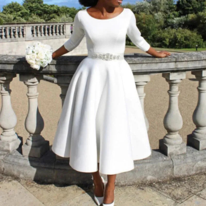Lucille | Women's Belted Boat-Neck A-Line Midi Dress