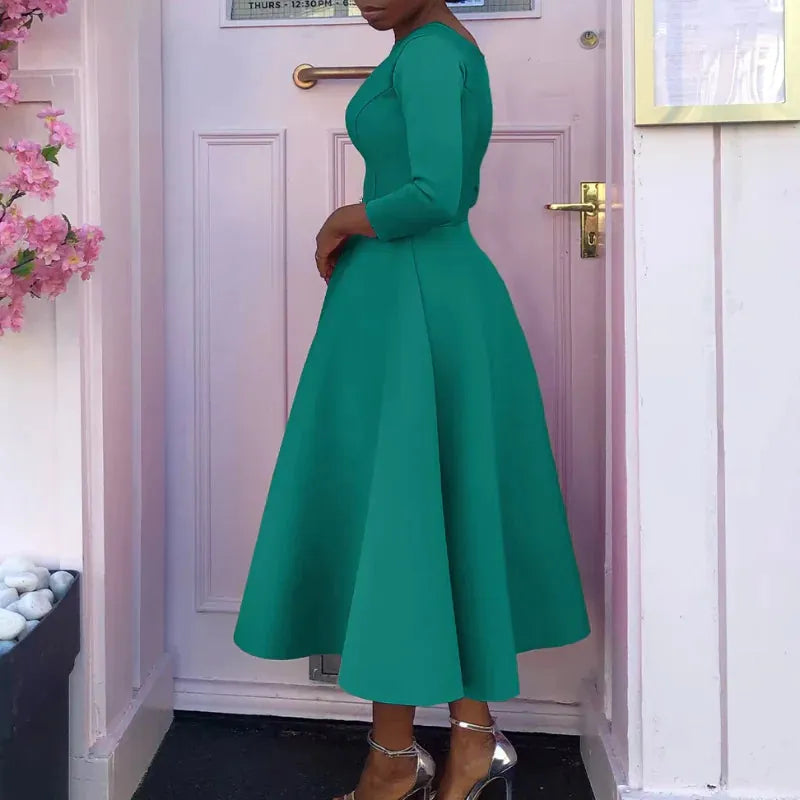 Lucille | Women's Belted Boat-Neck A-Line Midi Dress