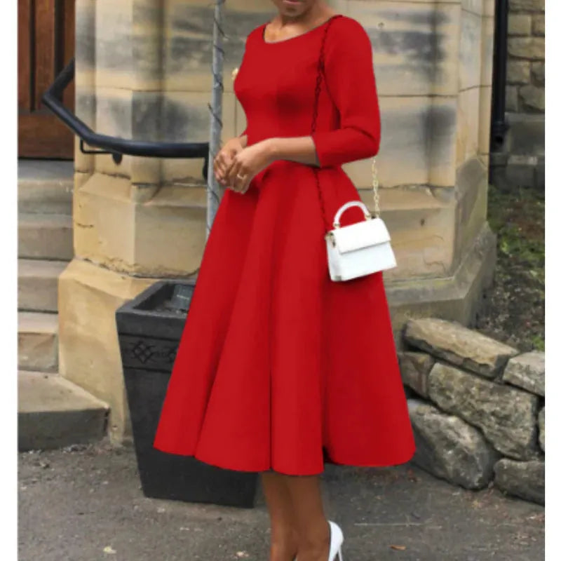 Lucille | Women's Belted Boat-Neck A-Line Midi Dress
