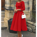 Lucille | Women's Belted Boat-Neck A-Line Midi Dress