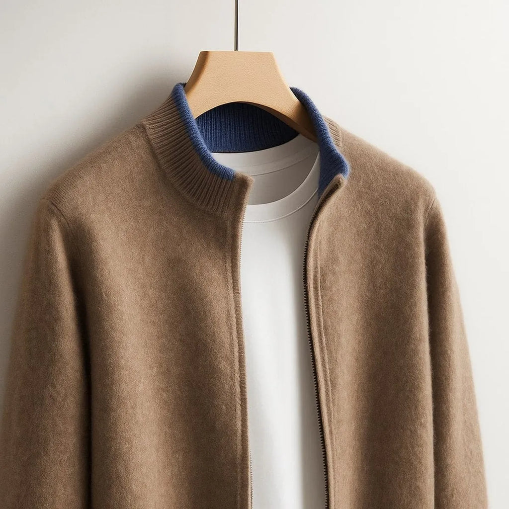 Fine-Knit Full-Zip Ribbed-Collar Cardigan for Men