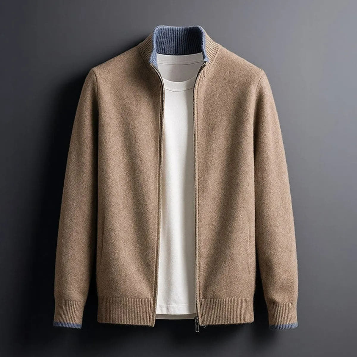 Fine-Knit Full-Zip Ribbed-Collar Cardigan for Men