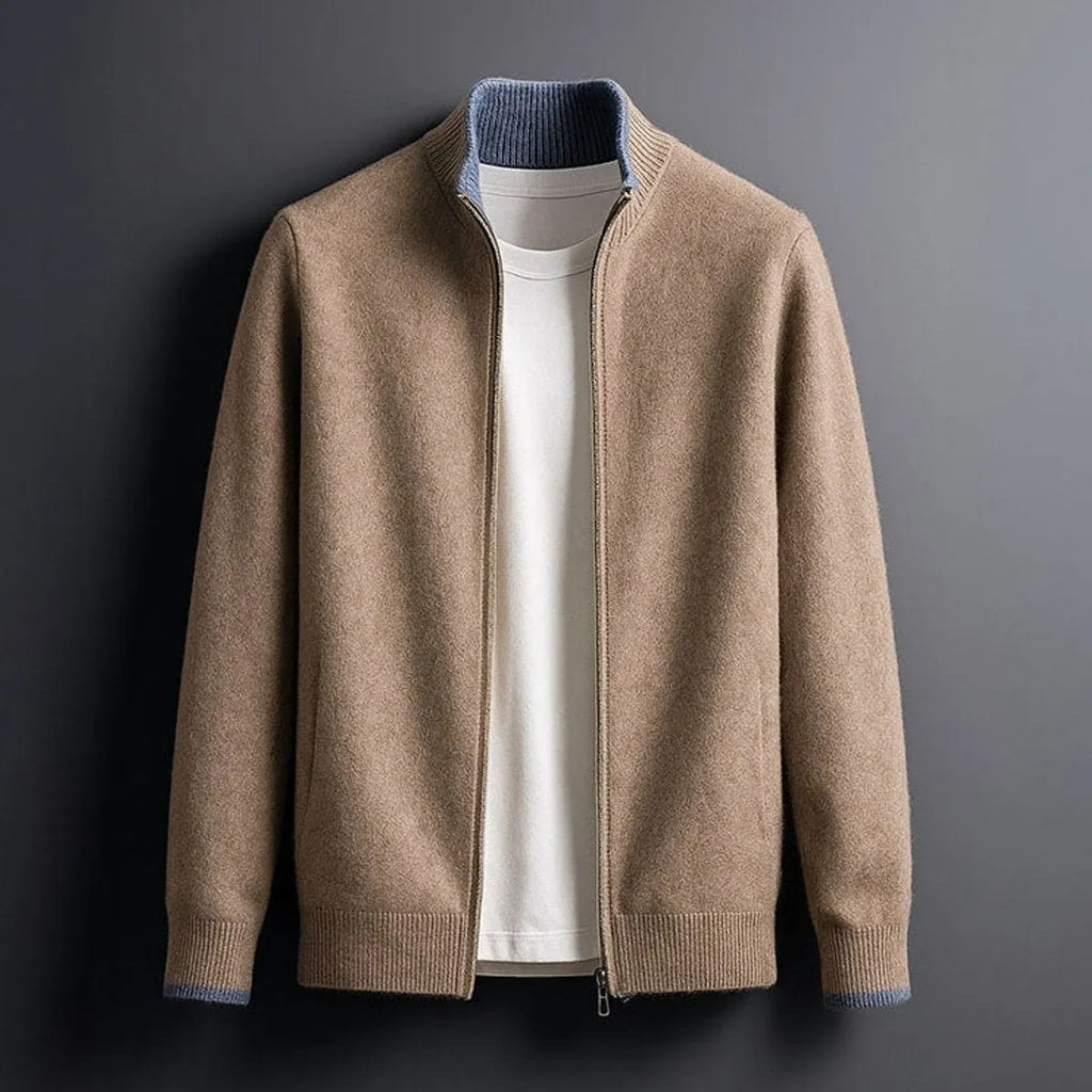 Fine-Knit Full-Zip Ribbed-Collar Cardigan for Men