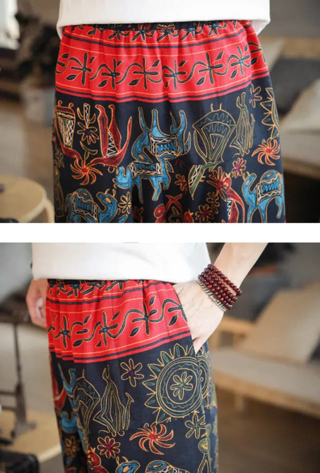 Patterned Loose Fit Trousers with Elastic Waist for Men